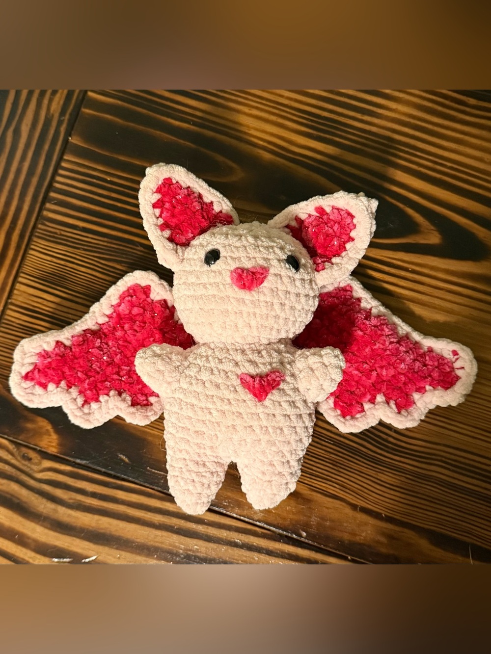 Handmade Crochet Plush Pink Bat with Heart Accent